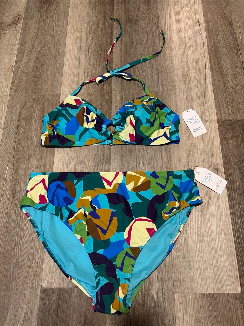 Time and Tru Teal and Blue Abstract Print Bikini Set size 2X